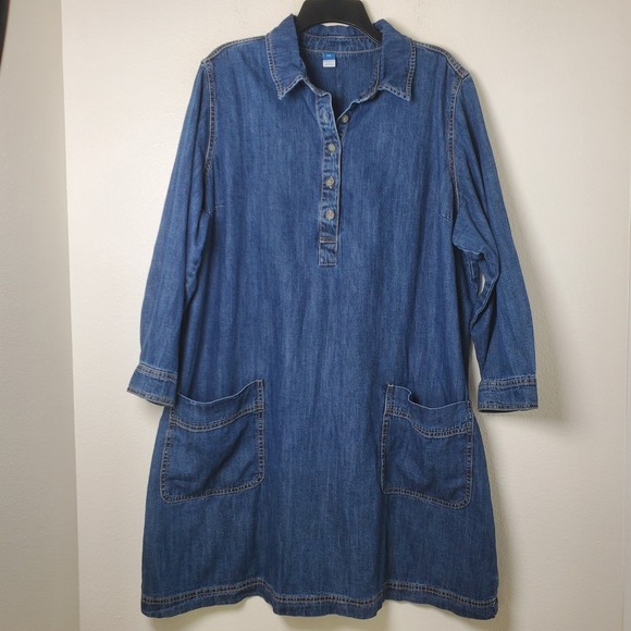 Old Navy Denim Popover Shirt Dress Womens Blue Jean Jumper Shift Size XXL - Picture 12 of 13
